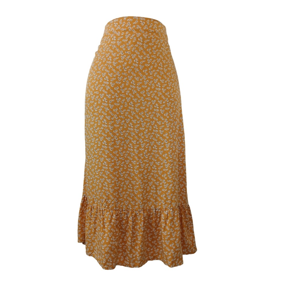 Mustard Yellow Ditsy Floral Ruffle Hem Rayon Crepe Midi Skirt Boho‎ Womens Large